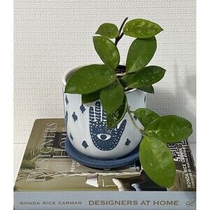 HAMSA HAND Stoneware Planter Pot Blue Drainage Hole Saucer BOHO